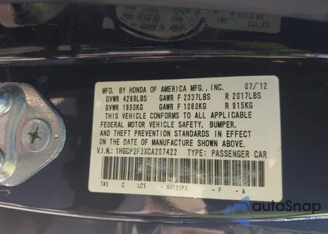 2012 Honda Accord 2.4 Lx from USA, damaged, VIN 1HGCP2F3XCA207422